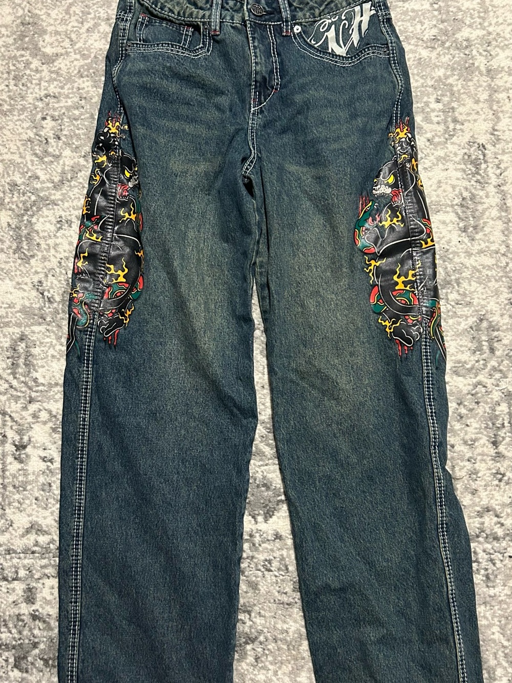 Zumiez Dark Wash Flare Jeans with Multicolor Dragon Embroidery